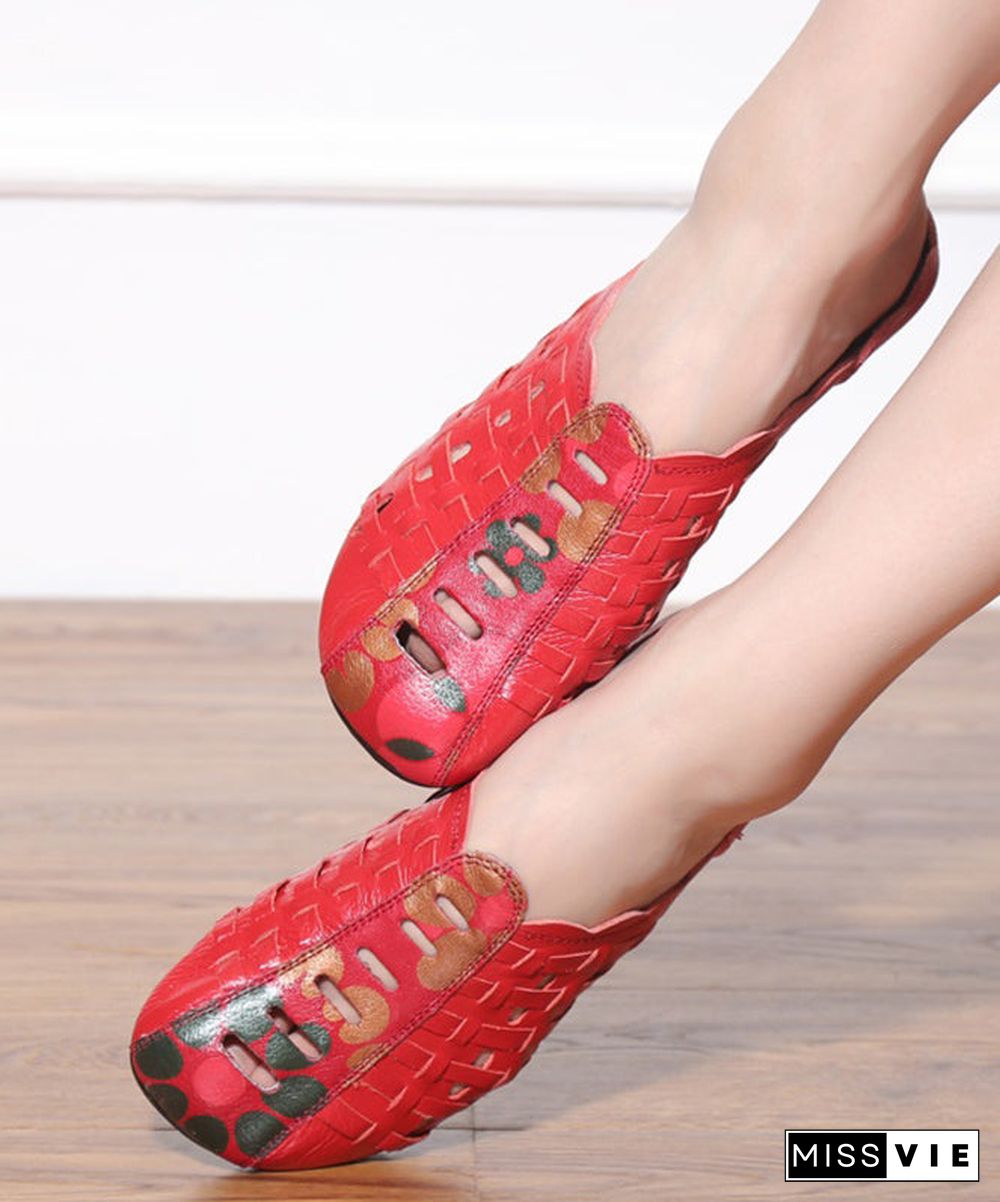 Boho Hollow Out Splicing Red Cowhide Leather Slide Sandals