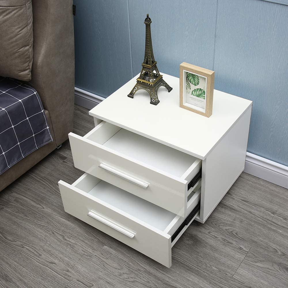 TFCFL 2 Layer End Bedside Table Modern LED Light Nightstand with Drawer Storage White