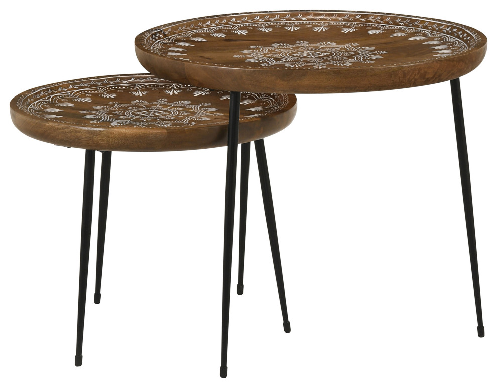 Nuala 2 piece Round Nesting Table With Tripod Tapered Legs Honey and Black   Modern   Coffee Table Sets   by Modon  Houzz