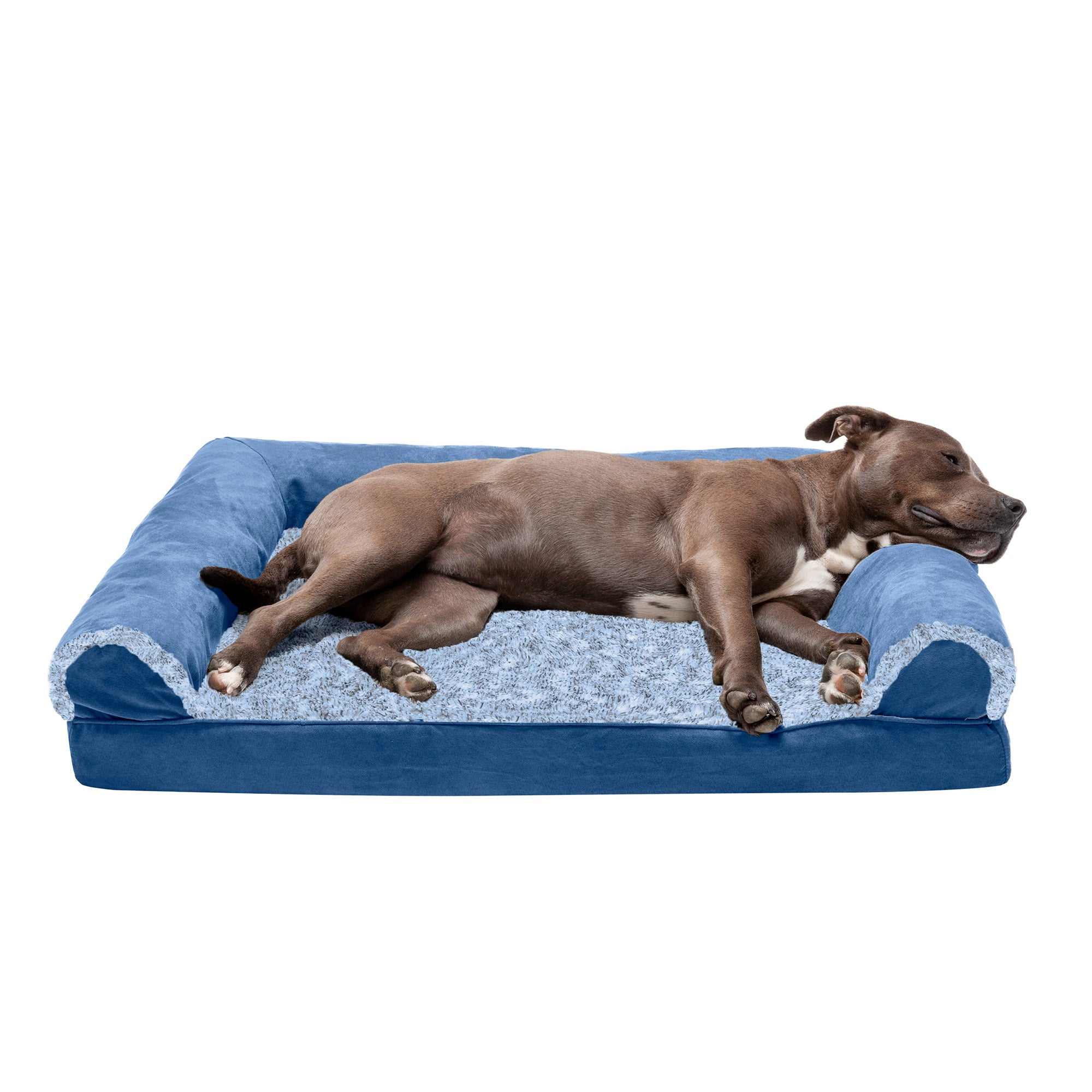 FurHaven Pet Dog Bed | Orthopedic Two-Tone Faux Fur and Suede Sofa-Style Couch Pet Bed for Dogs and Cats， Marine Blue， Large