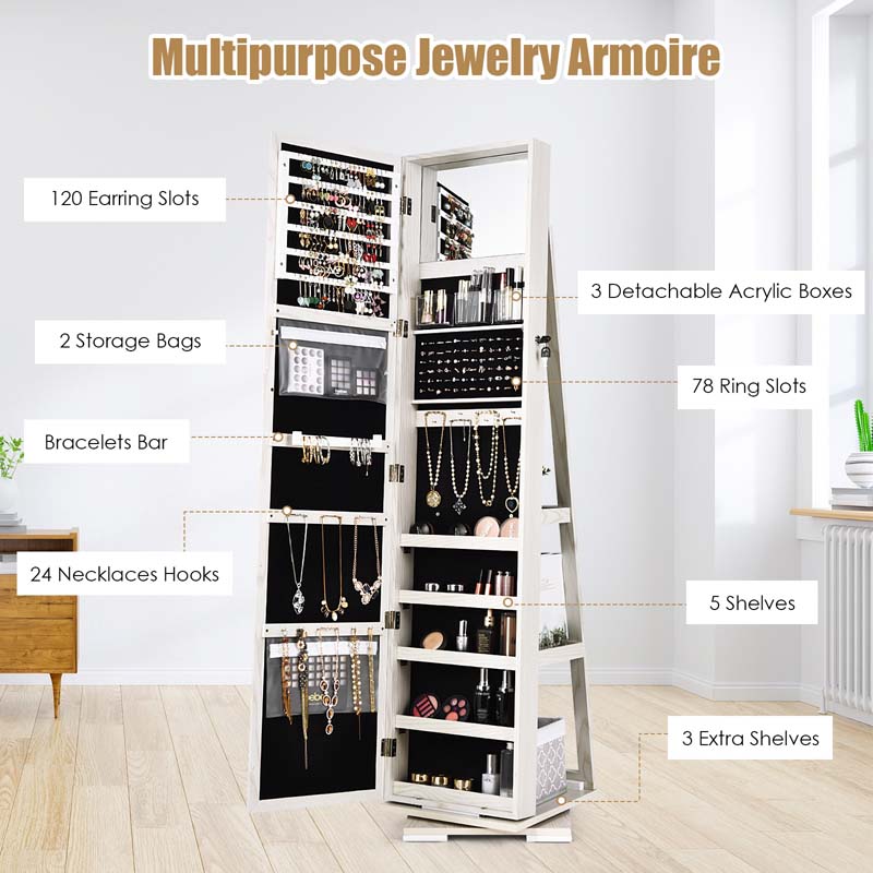 360 Rotating Jewelry Armoire with Higher Full Length Mirror, 3-in-1 Freestanding Lockable Jewelry Cabinet Organizer