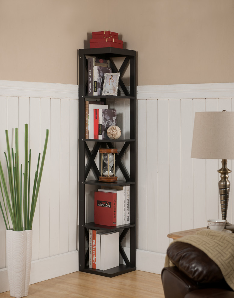 Espresso Finish Wood Wall Corner 5 Tier Bookshelf Display Stand   Transitional   Bookcases   by Pilaster Designs  Houzz