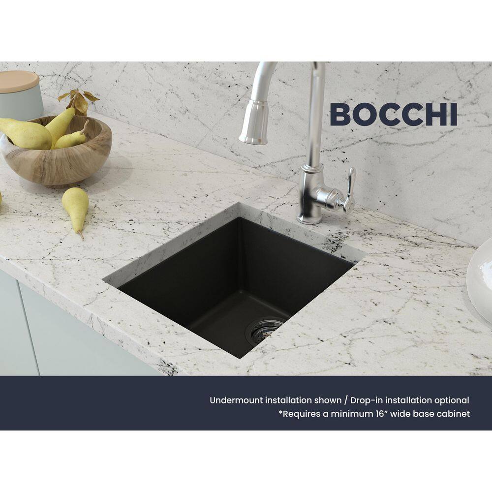 BOCCHI Campino Uno Matte Black Granite Composite 16 in. Single Bowl Drop-InUndermount Bar Sink with Strainer 1608-504-0126