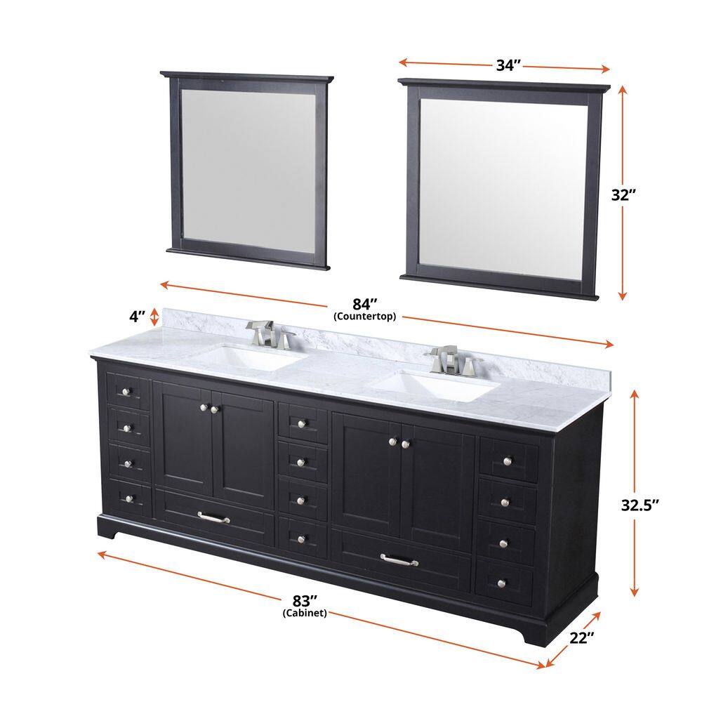 Lexora Dukes 84 in. W x 22 in. D Espresso Double Bath Vanity Carrara Marble Top and 34 in. Mirrors LD342284DGDSM34