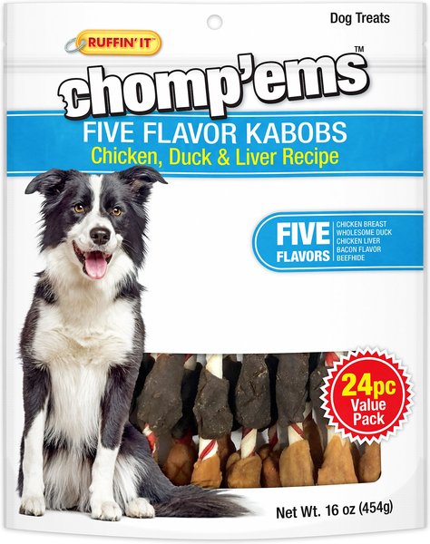 RUFFIN' IT Chomp'ems Five Flavor Kabobs Chicken， Duck and Liver Recipe Dog Treats， 24 count