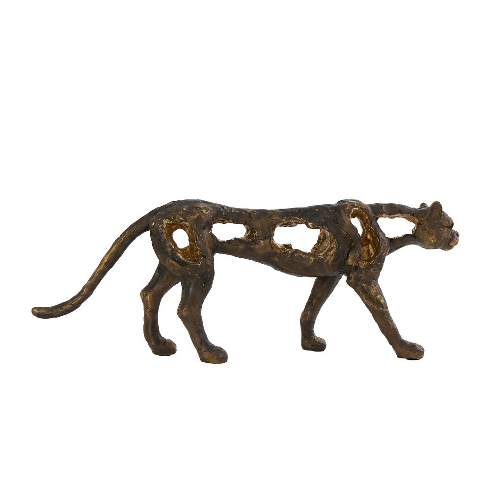 Bronze Polystone Distressed Textured Leopard Sculpture with Cutouts and Gold Accents