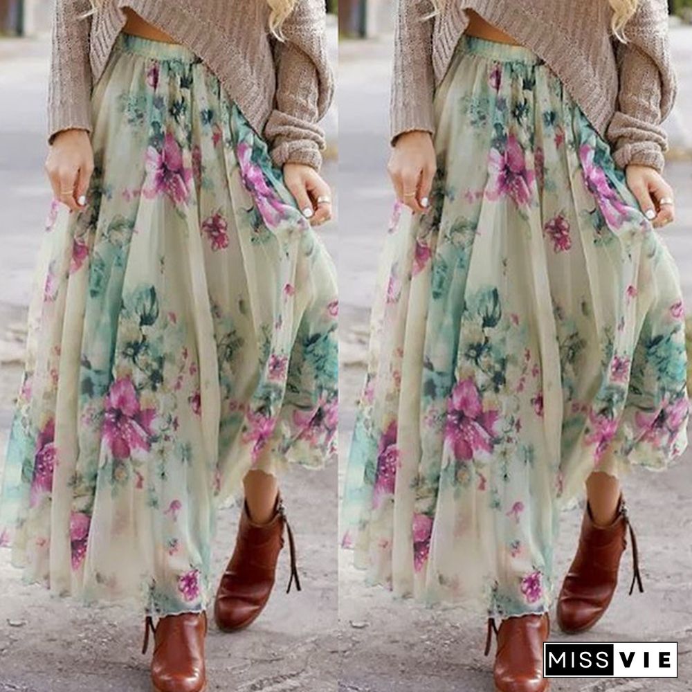 Women Floral Print Jersey Gypsy Long Maxi Skirt Summer Beach Sundress Beach