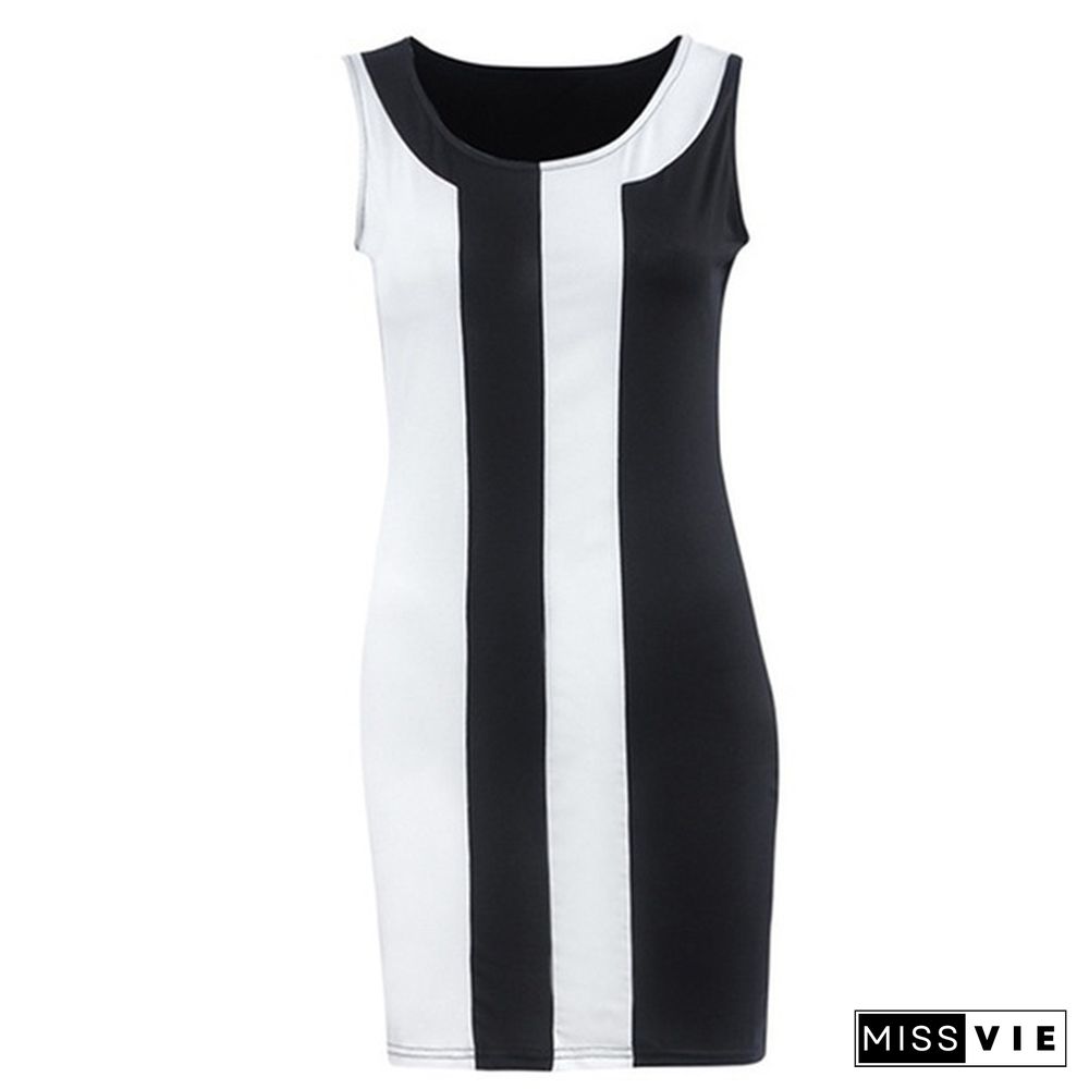 S-5XL Summer Women O-neck Sleeveless Black and White Patchwork Party Mini Dress Bodycon Skirt