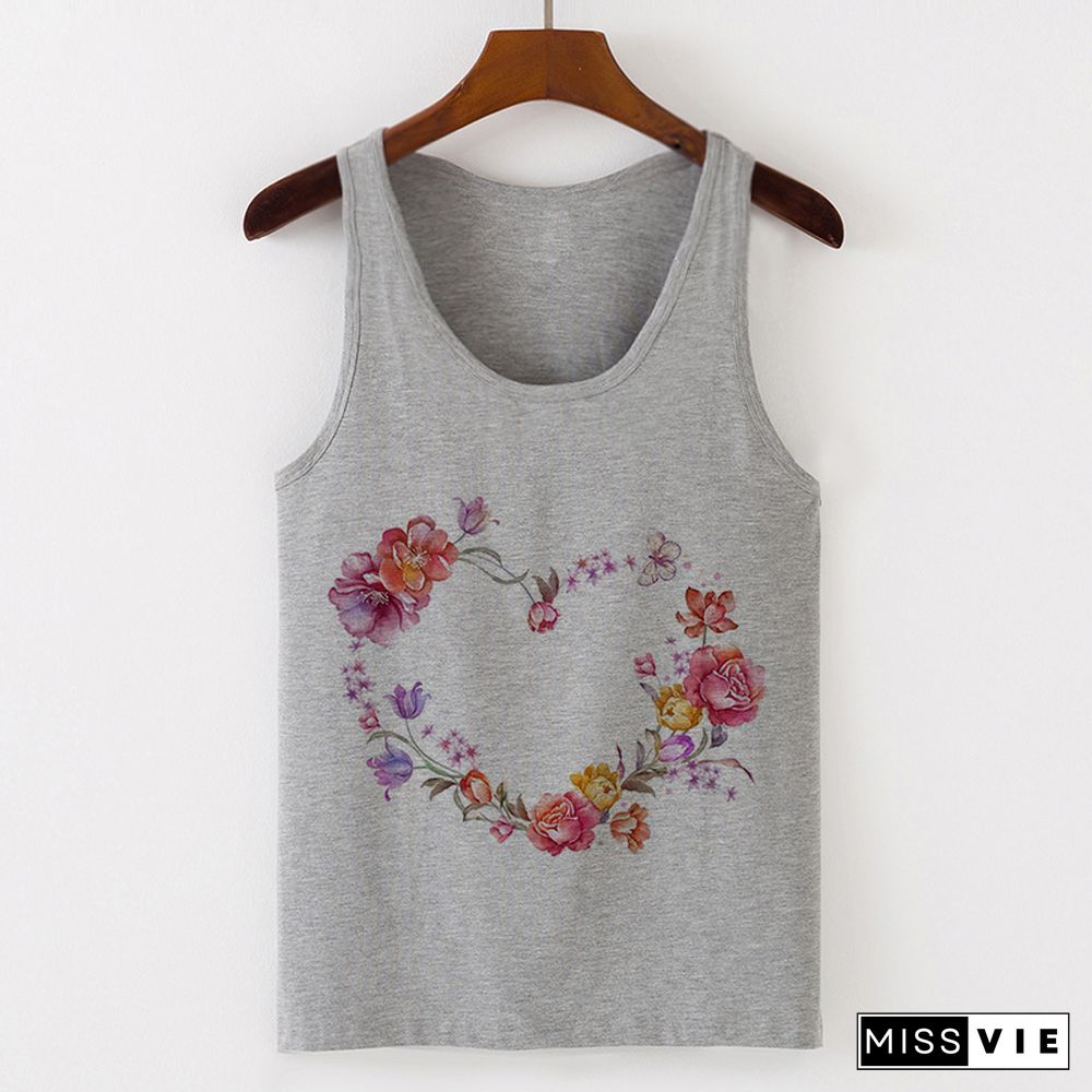 Summer Tank Tops Heart Flower Love Graphic Print Ladies Sexy Vest Camisole Women Tops Tee Tshirt Female Casual Loose Sleeveless