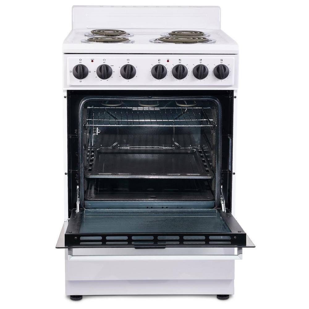 Premium LEVELLA 24 in. 2.7 cu. ft. Single Oven Electric Range with 4 Burners and Storage Drawer in White PRE2425GW