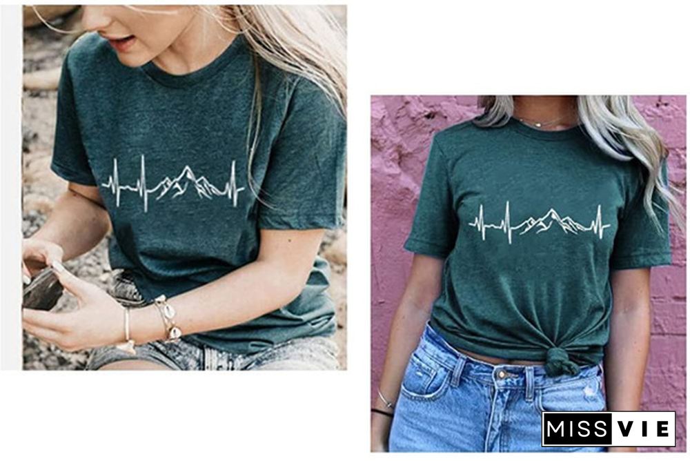 NEW shirt / Mountain Heartbeat T-Shirts for Women Casual Hiking Athletic Short Sleeve Camping Travel Graphic Tees Tops