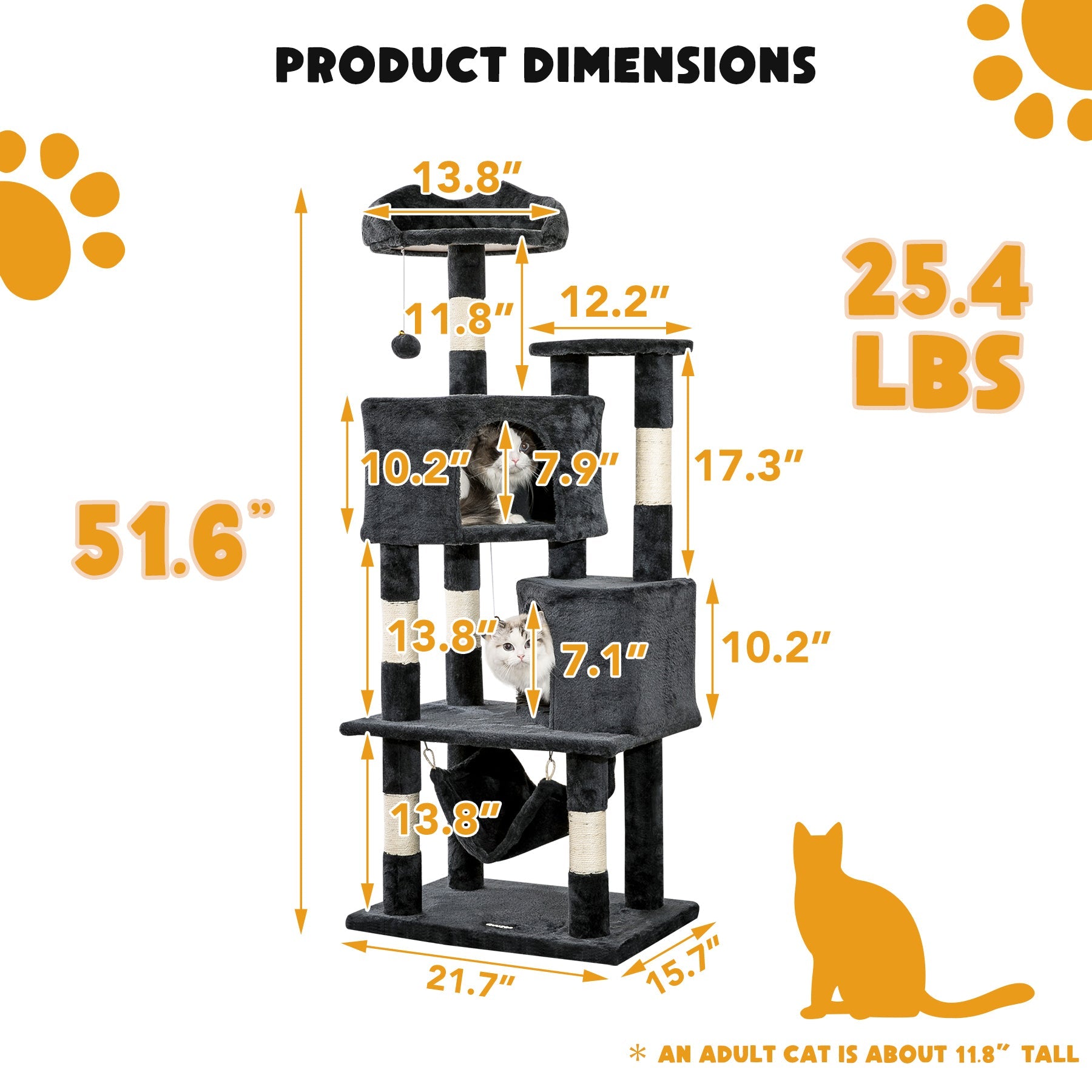 Quuzee 51.6-in Cat Tree Tower with Double Condo,Scratching Post Hammock,Somky Gray