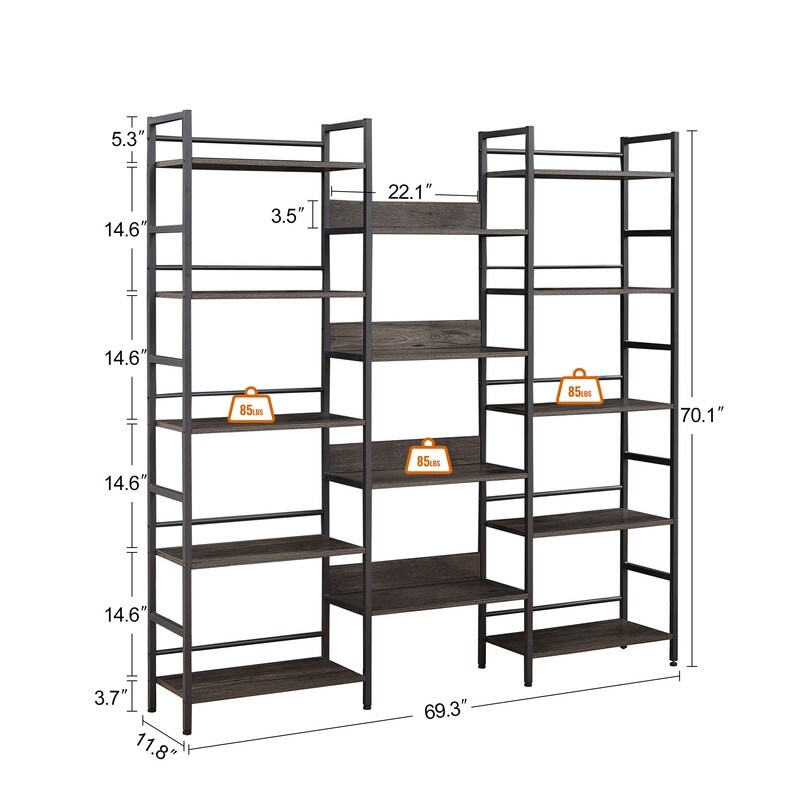 Triple Wide 5 shelf Bookshelves Industrial Retro Wooden Style Home and Office Large Open Bookshelves  Dark Grey