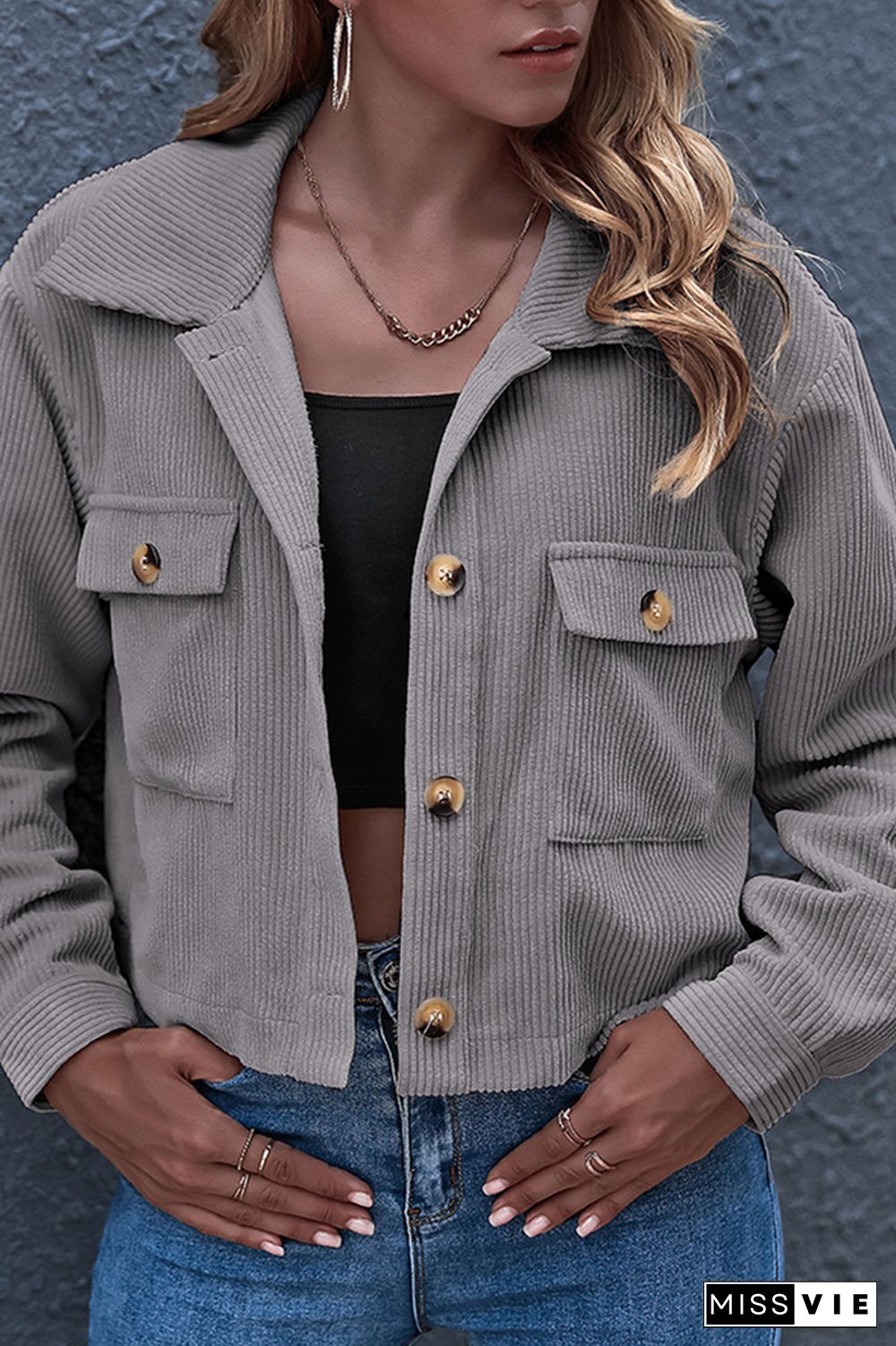 Turn Down Collar Pockets Button Corduroy Jacket Shacket Women Wholesale