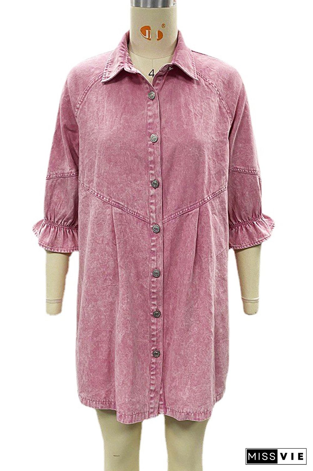 Vintage Washed Puff Sleeve Denim Mini Shirt Dress Wholesale