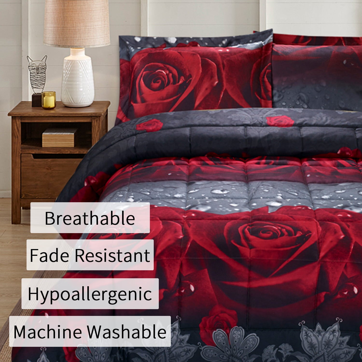 BednLinens 3 Piece 3D Rose Love Romantic Moment Print Comforter Set Queen Size (Y28)