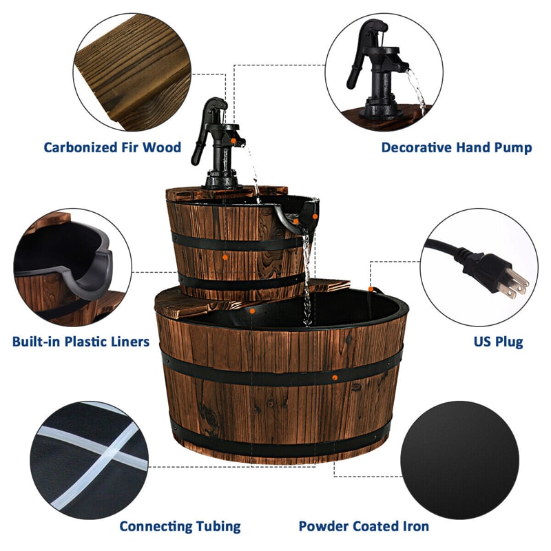 2-Tier Outdoor Barrel Waterfall Fountain with Hand Pump for Garden Backyard