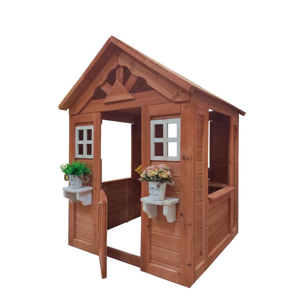 Siavonce All Wooden Kids Playhouse with 2 windows and flowerpot holder 42Lx46Wx55H Golden Red DJ-ZX-W155966852