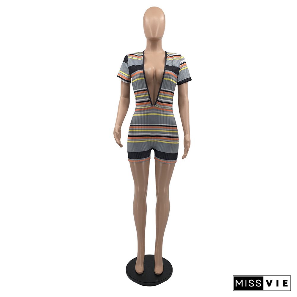 Sexy Deep V Neck Knitted Multi Stripe Fashion Printed Short Sleeve Streetwear Bodycon Elastic Women Rompers