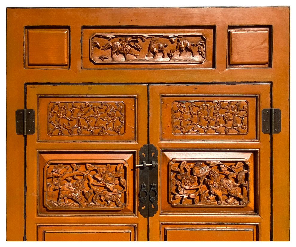 Chinese Fujian Distressed Orange Relief Carving Storage TV Cabinet Hcs7136   Asian   Entertainment Centers And Tv Stands   by Golden Lotus Antiques  Houzz