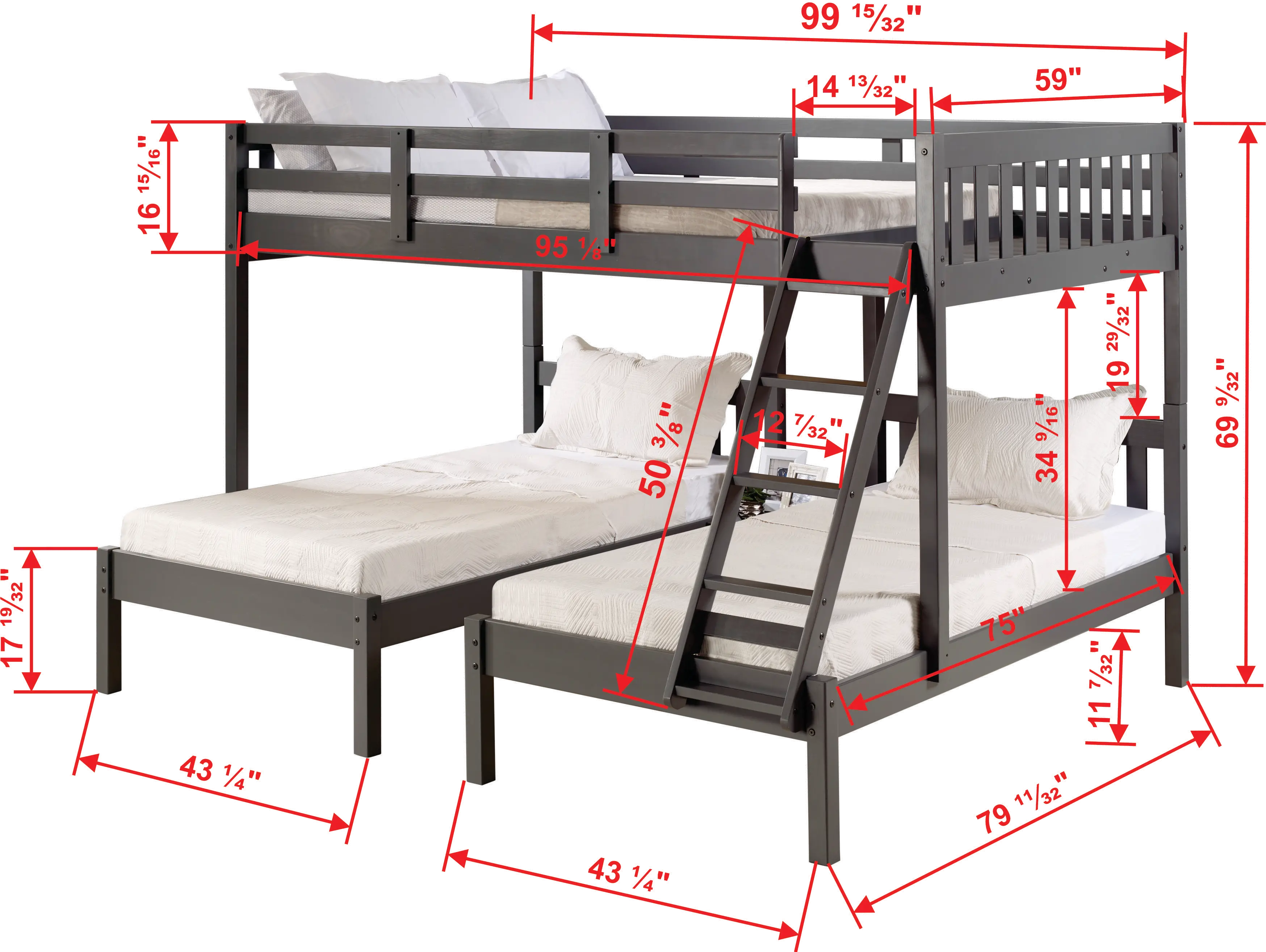 Gray Full over Double Twin Bunk Bed with Storage