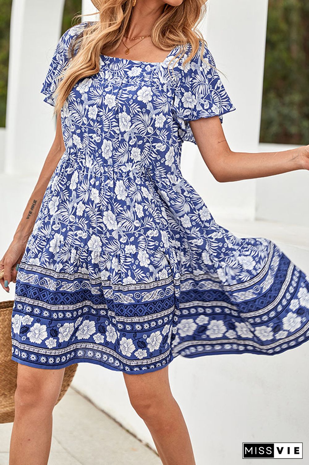 Floral Print Back Lace-up Short Sleeves Mid-length Dress Wholesale