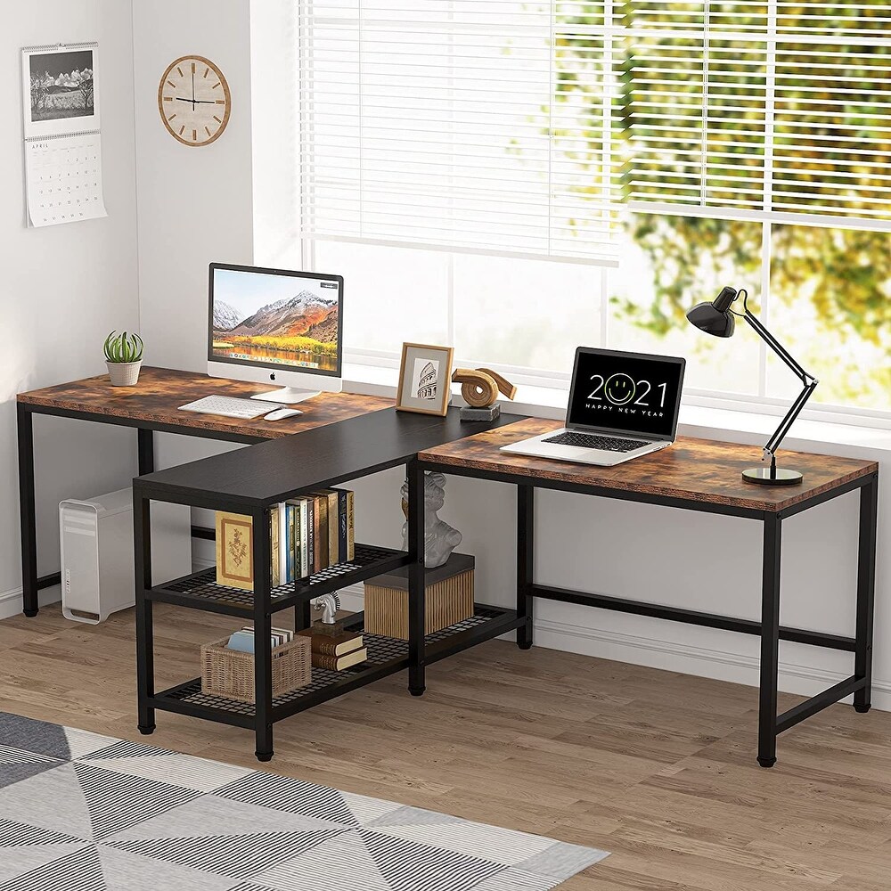 94.5 inch Double Computer Desk with Storage Shelves  Two Person Desk