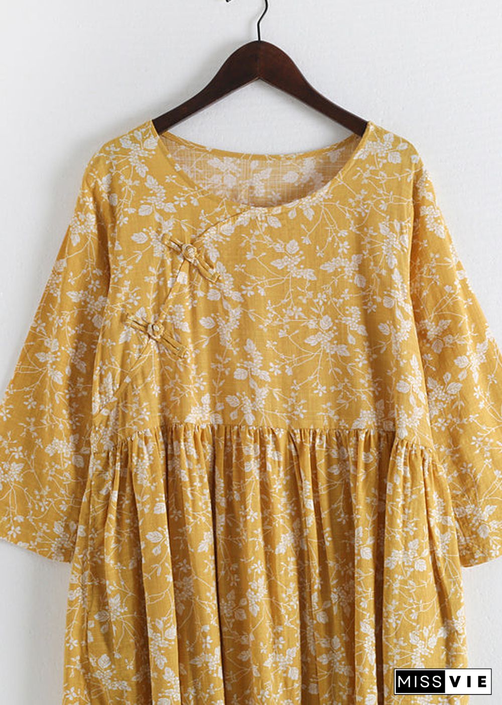 Original Yellow O-Neck Wrinkled Print Loose Dresses Three Quarter sleeve