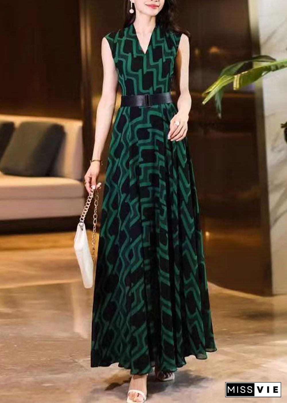 Fitted Blackish Green V Neck Striped Sashes Chiffon Long Dress Sleeveless