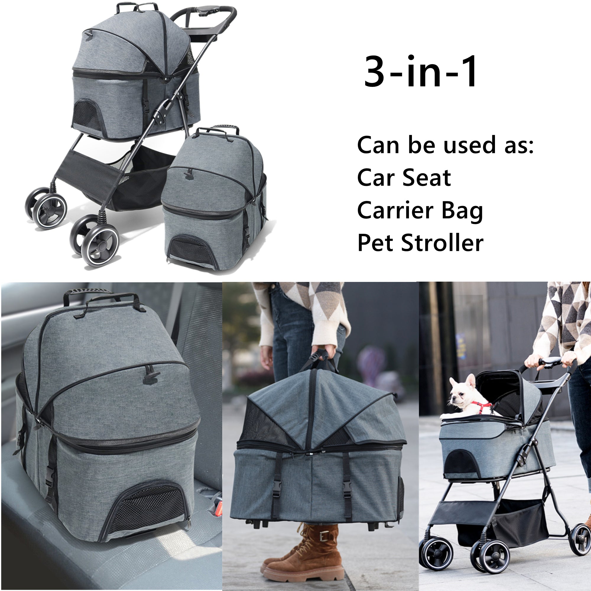 3 in 1 Folding Pet Stroller with Detachable Carrier for Small Dog Cat