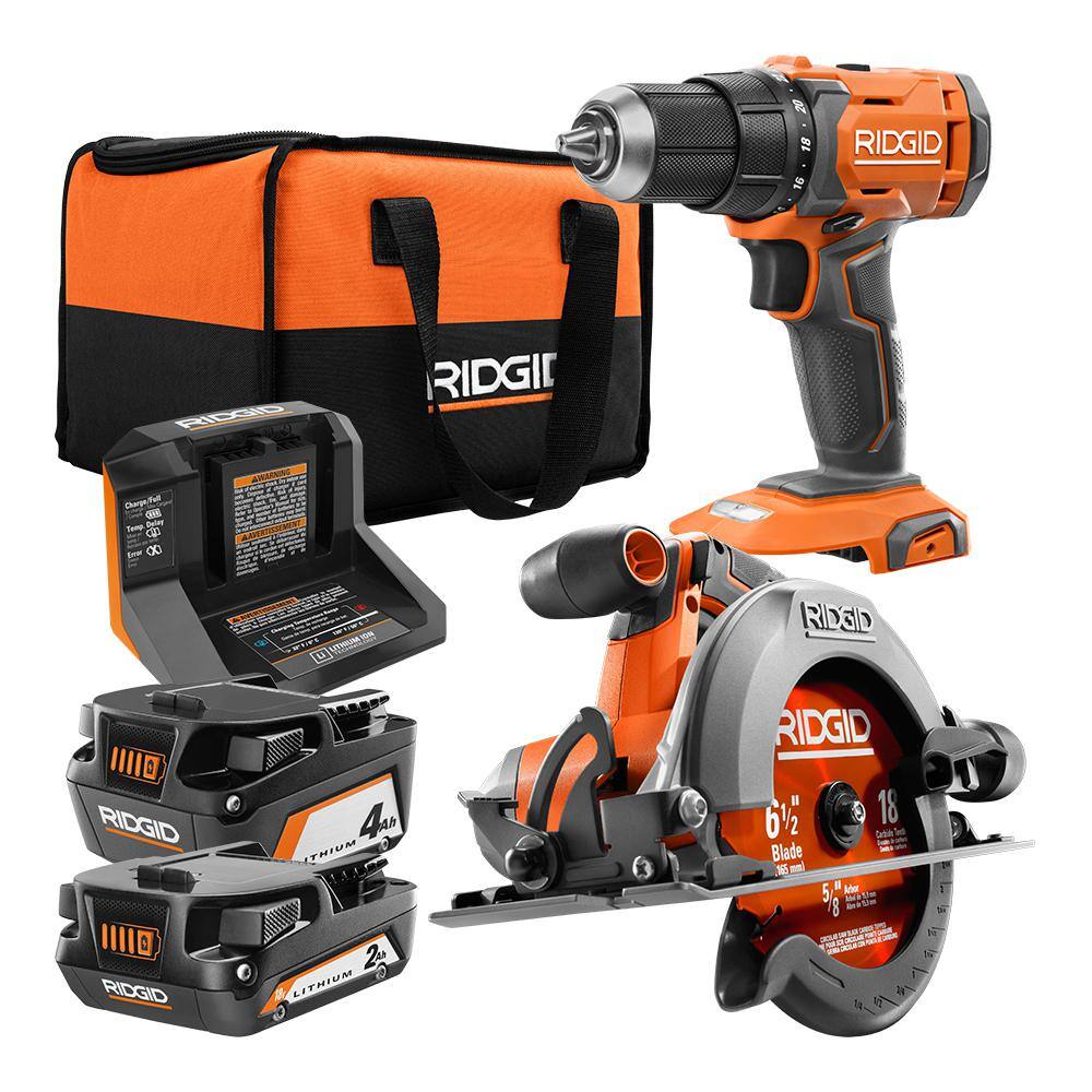 RIDGID 18V Cordless 12 in. DrillDriver and 6-12 in. Circular Saw Combo Kit with 2.0 Ah and 4.0 Ah Battery Charger and Bag R9207