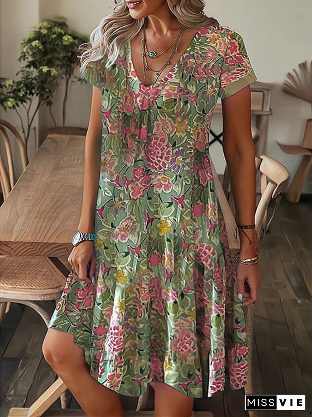 Women's Short Sleeve V Neck Floral Printed Casual Midi Dress