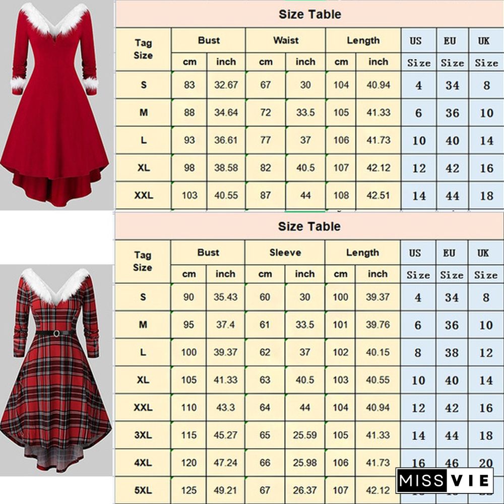 Women's Christmas White Furry V-Neck Irregular Hem Dress Long Sleeve Autumn Winter Plaid Xams Party Dress