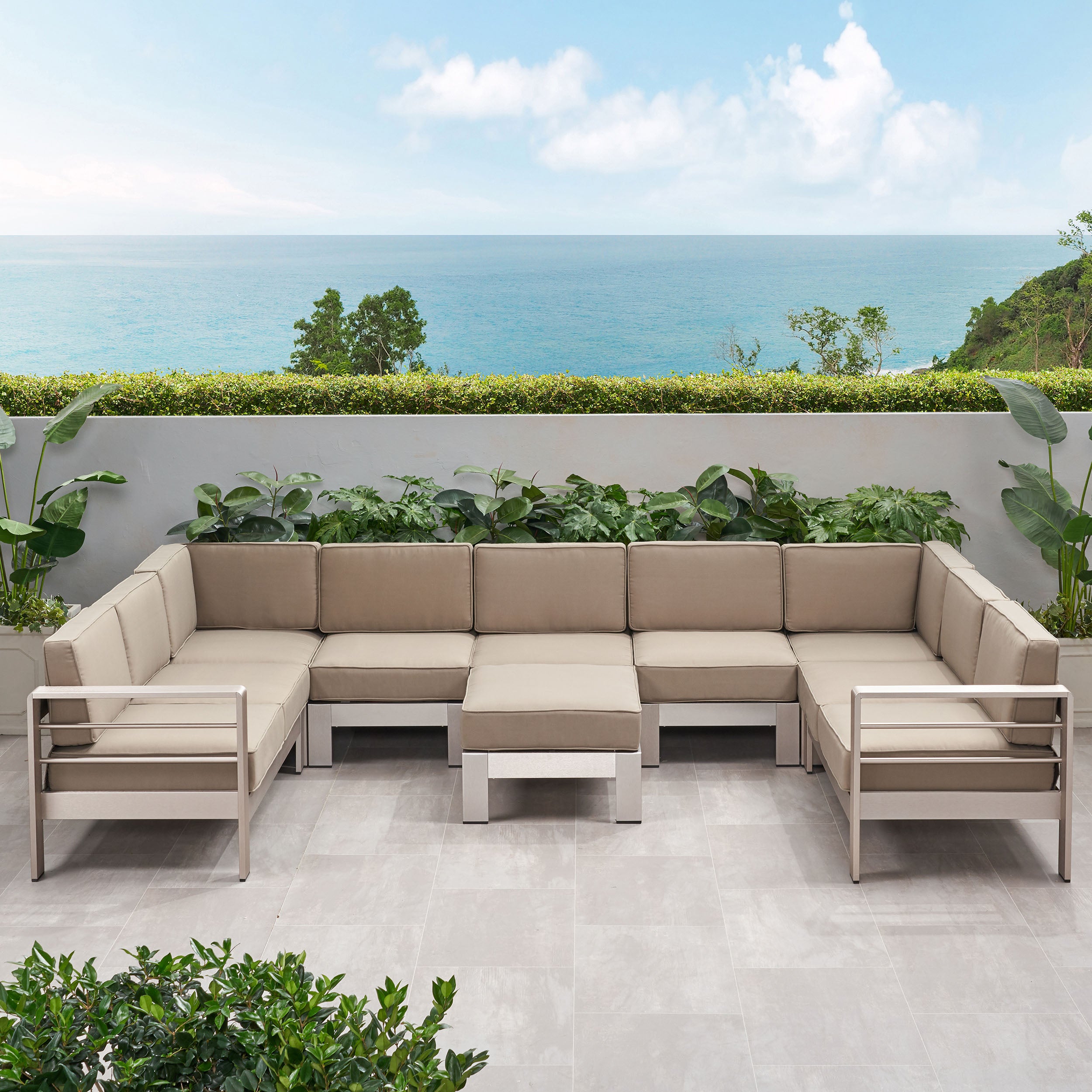 Laura Outdoor Modern 9 Seater Aluminum U-Shaped Sofa Sectional Set with Ottoman, Silver and Khaki