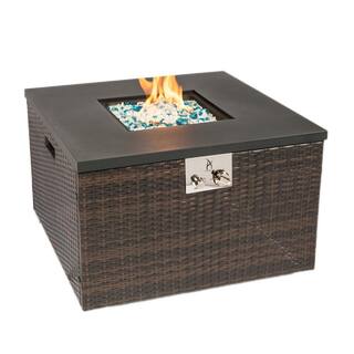 Mondawe Outdoor Square Wicker Gas Fire Pit Table Propane Fire Table in Dark Brown with Glass Rocks MA-ASH53642