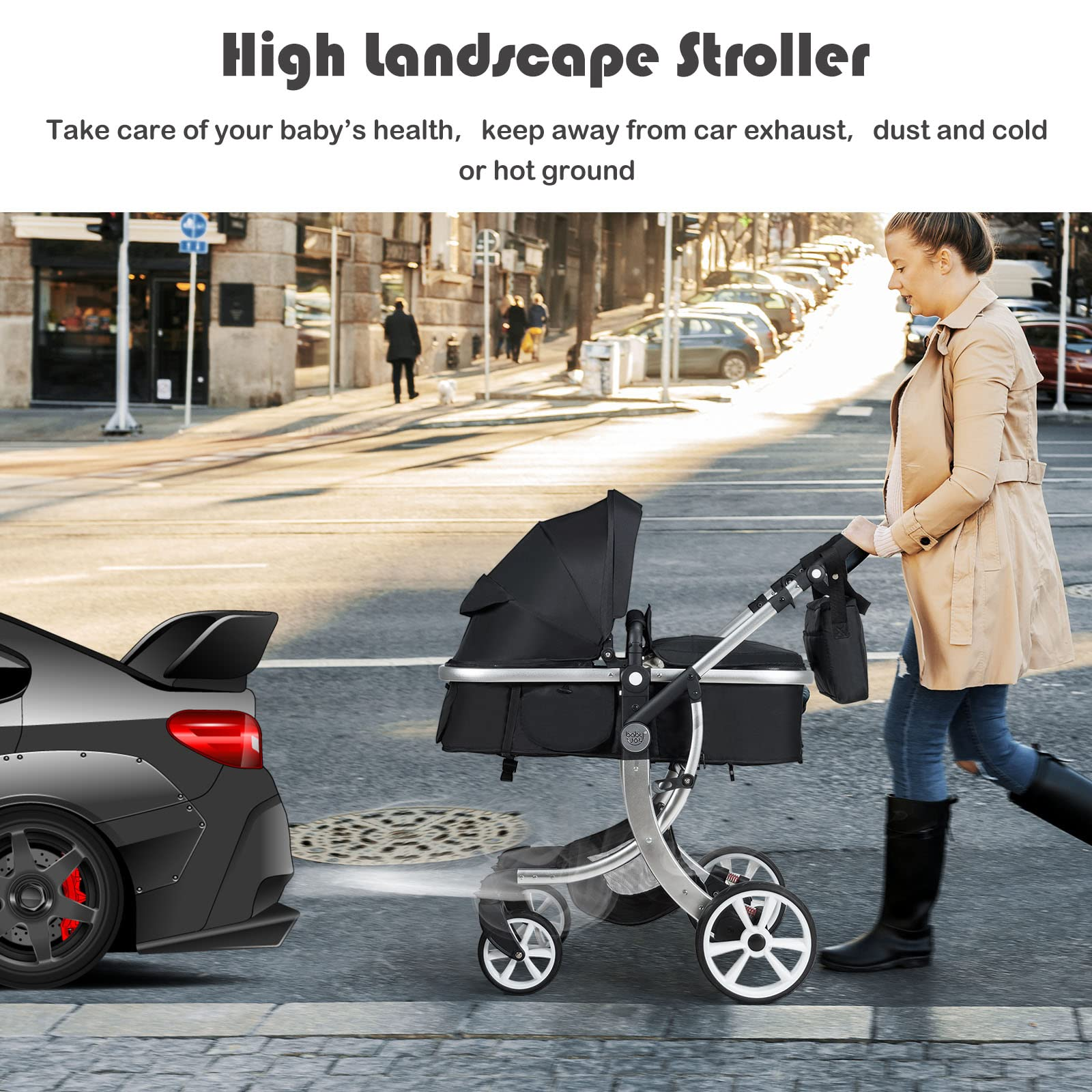 BABY JOY 2-in-1 High Landscape Baby Stroller, Reversible Bassinet Reclining Stroller