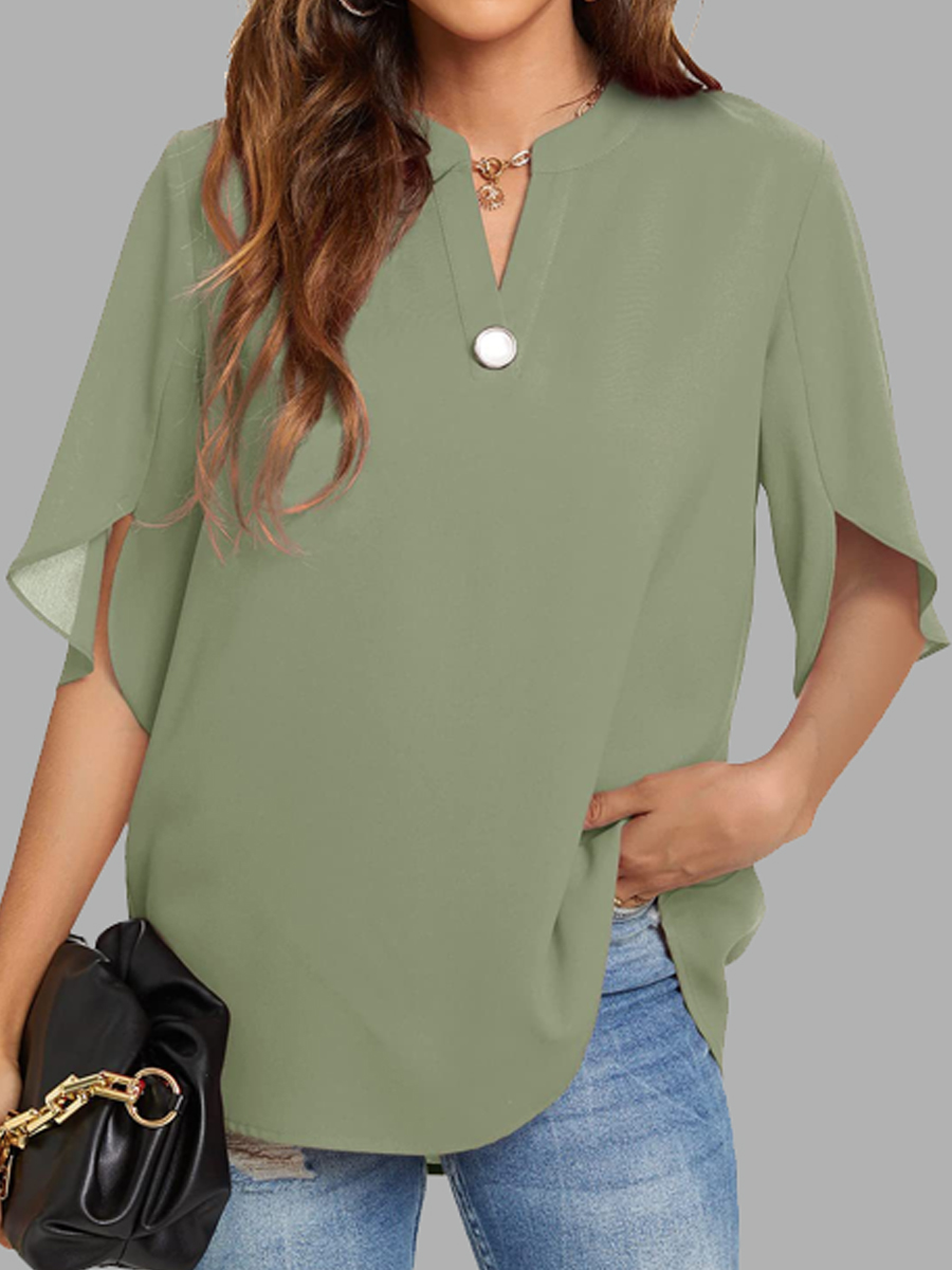 Casual Solid Color Button V-Neck Short Sleeve Blouse