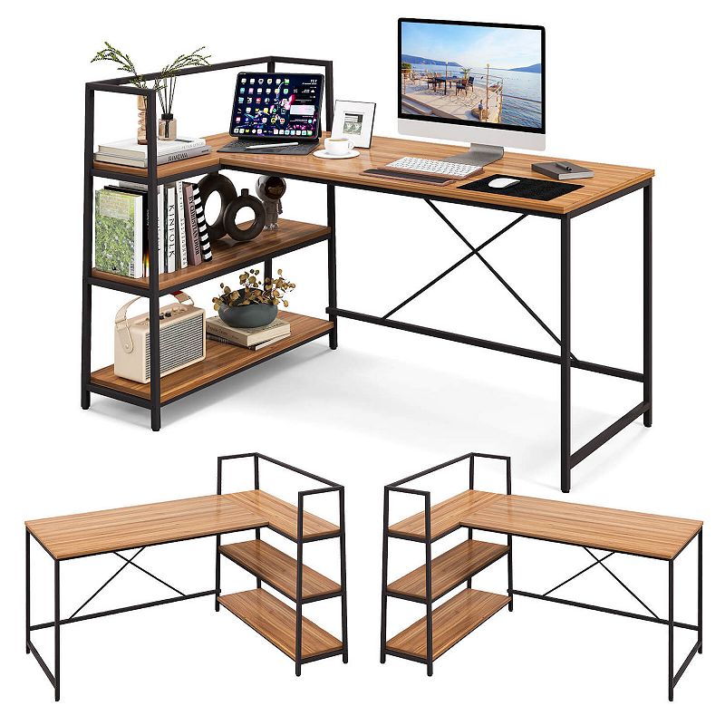 Reversible L Shaped Computer Corner Workstation with 3-Tier Open Shelf