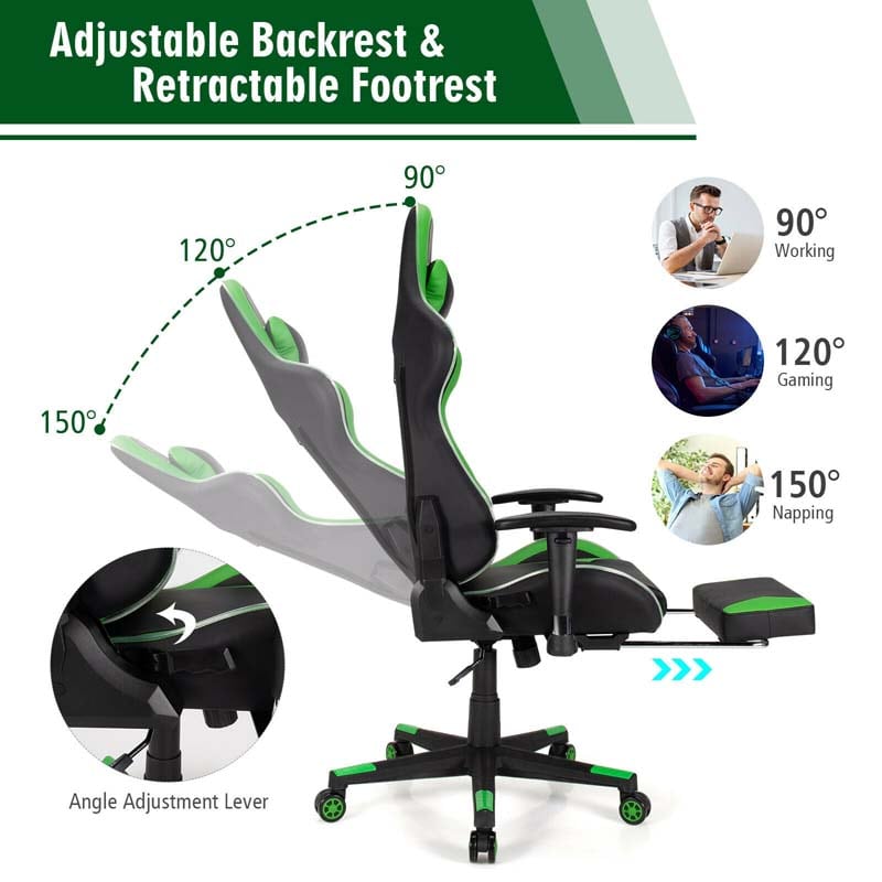 LED Massage Gaming Chair, Height Adjustable Racing Computer Office Chair with Footrest, Ergonomic High Back PU Swivel Game Chair