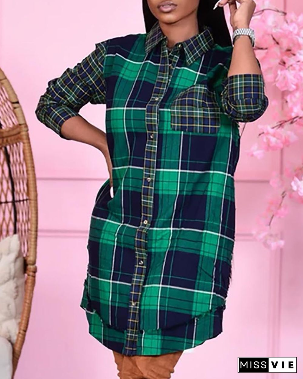 Button Pocket Design Plaid Print Shirt Dress