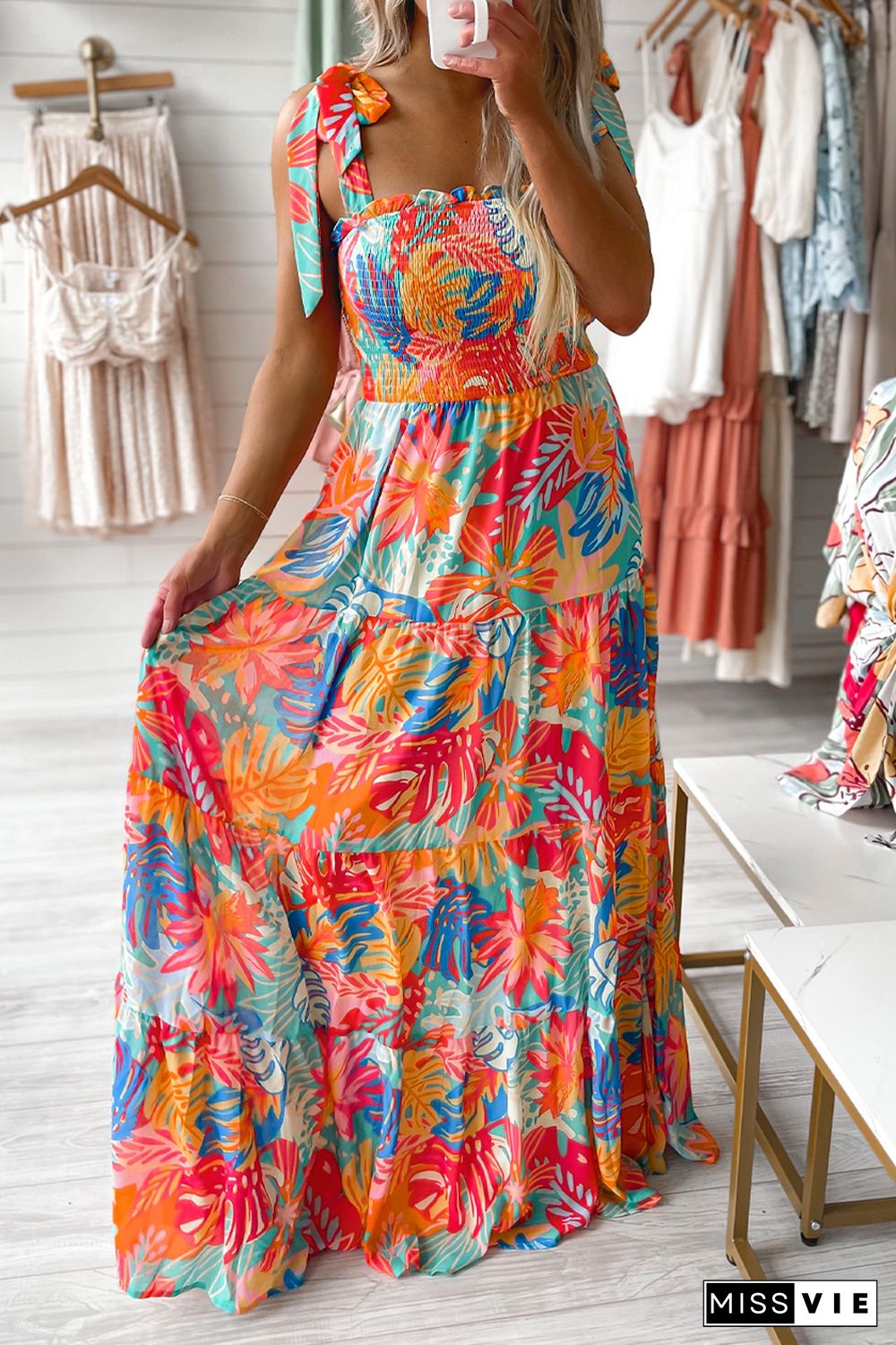 Multicolor Vibrant Tropical Print Smocked Ruffle Tiered Maxi Dress