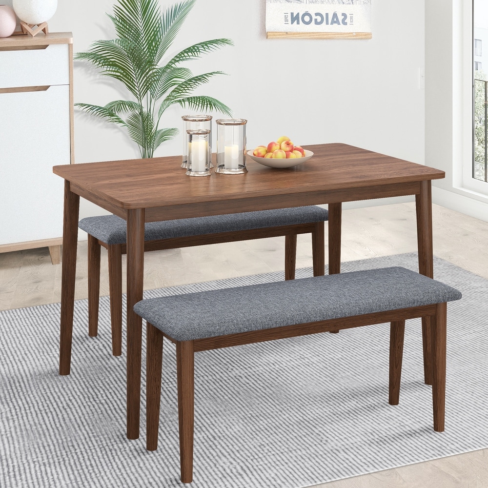 Rectangular 3 Piece Wood Fixed Dining Table Set with Fabric Bench Seating and Rubber Wood Dining Table for Dining Room