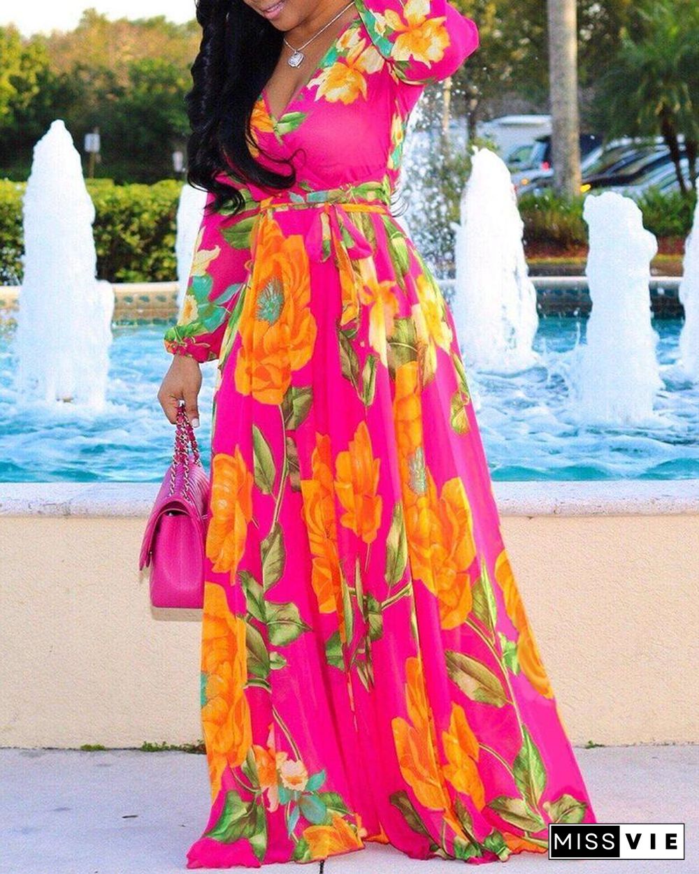 Tropical Print Deep V Belted Warp Maxi Dress P16067