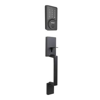 Defiant Vancouver Matte Black Door Handle Set with Square Smart Hub space WiFi Deadbolt and Hartford Interior Knob 32HPX9GYB