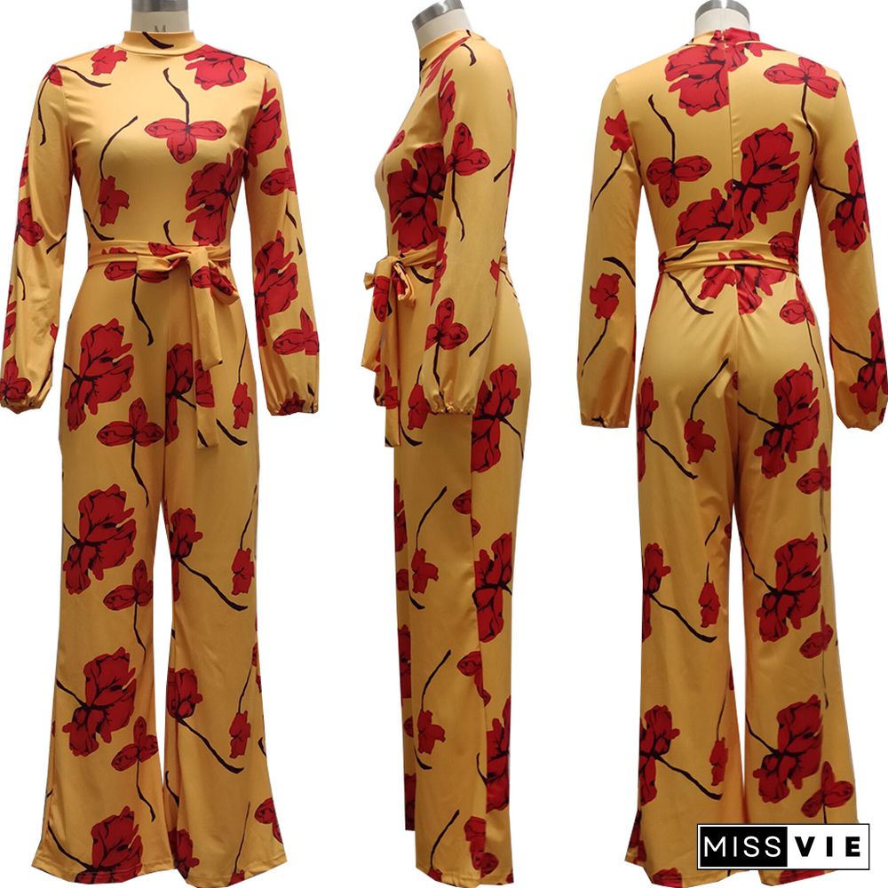 Fashion Digital Printing Spring Autumn O-Neck Long Sleeve Belted One Piece Wide Leg Jumpsuit