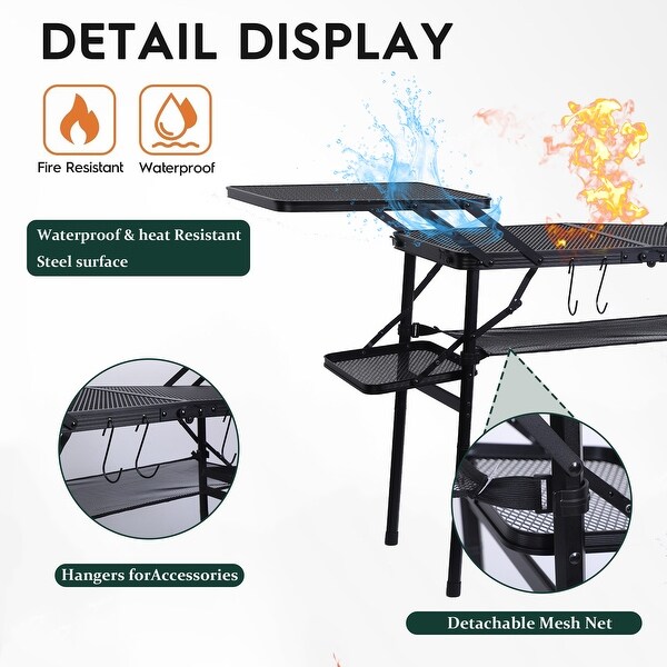 Folding Camping Grill Table with 4 Side Tables，Mesh Storage Net，Lightweight and Portable for BBQ，Outdoor Cooking，and Camping