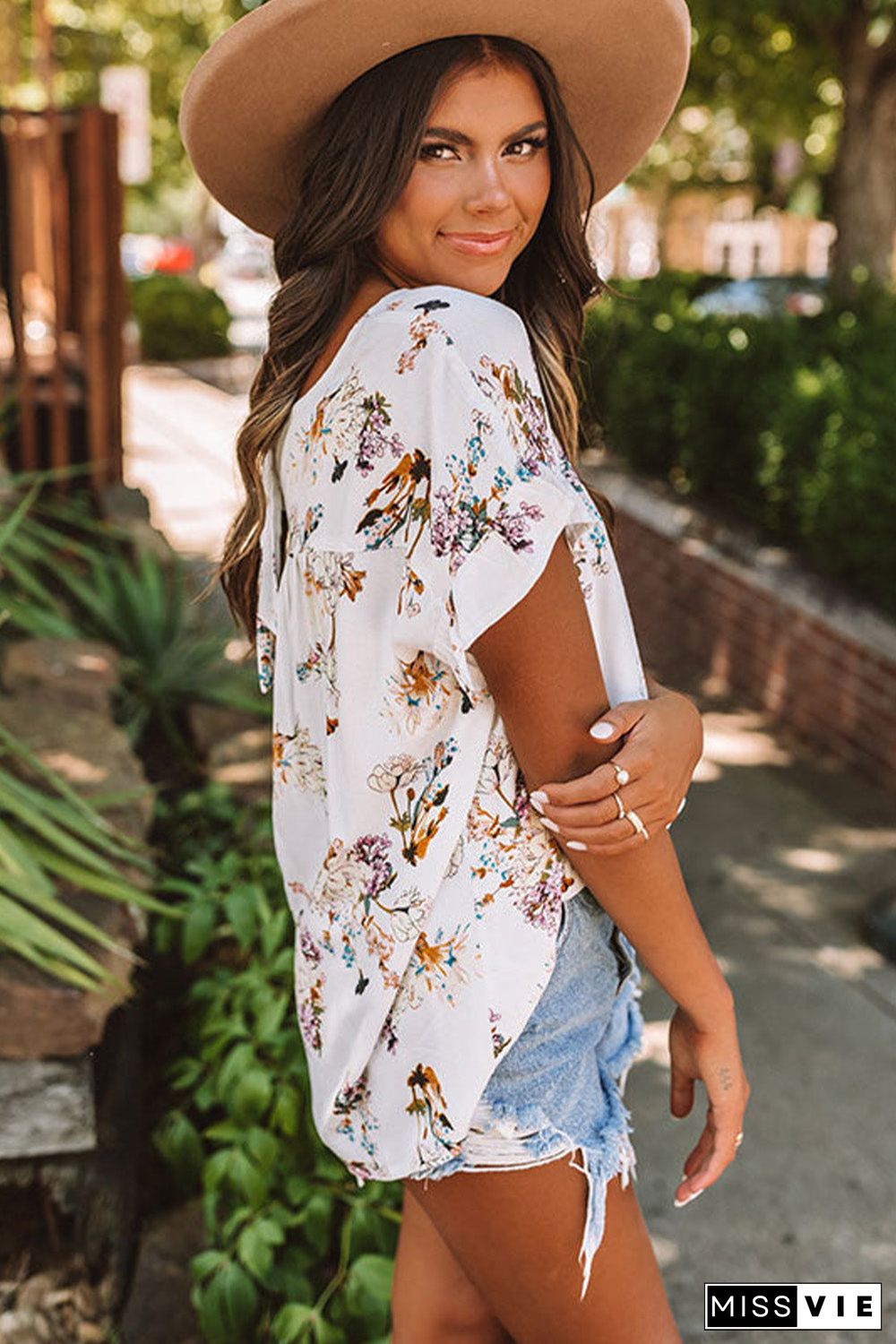 Floral Ruffled Short Sleeve Back Knot Blouse