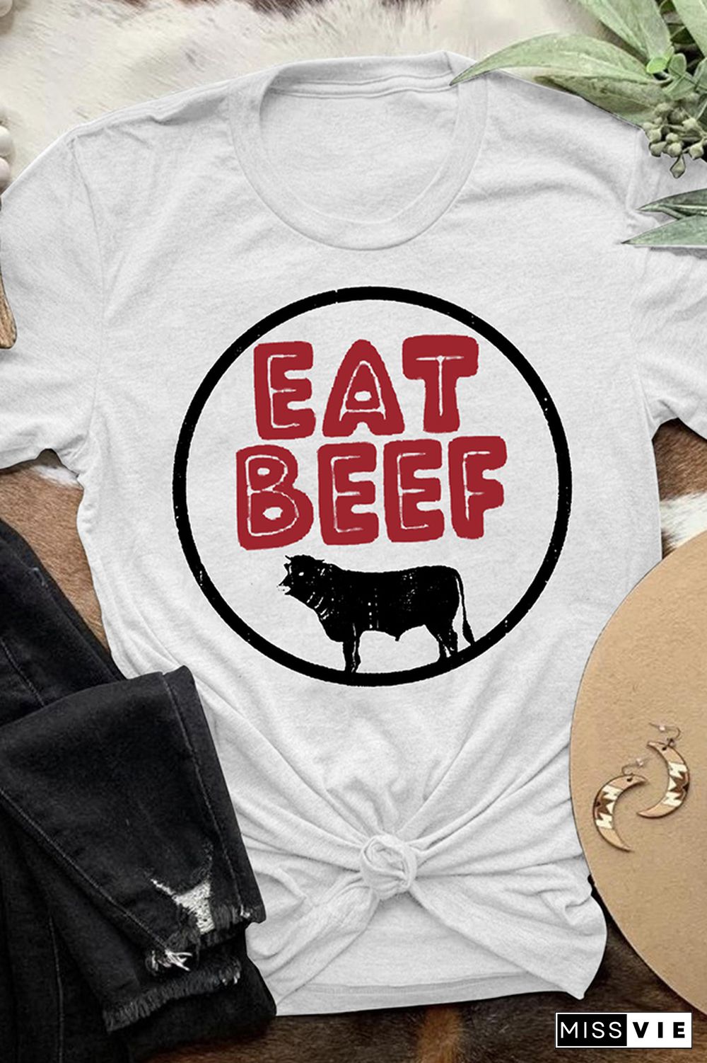 Eat Beef Print Graphic Tees for Women Wholesale Short Sleeve T shirts Top