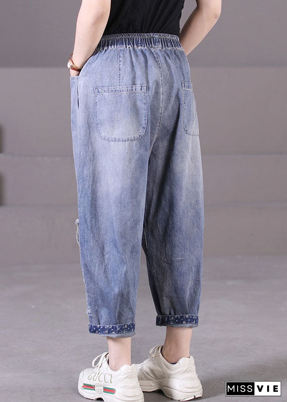 Plus Size Blue Elastic Waist Pockets Patchwork Applique Cotton Denim Harem Pants Summer