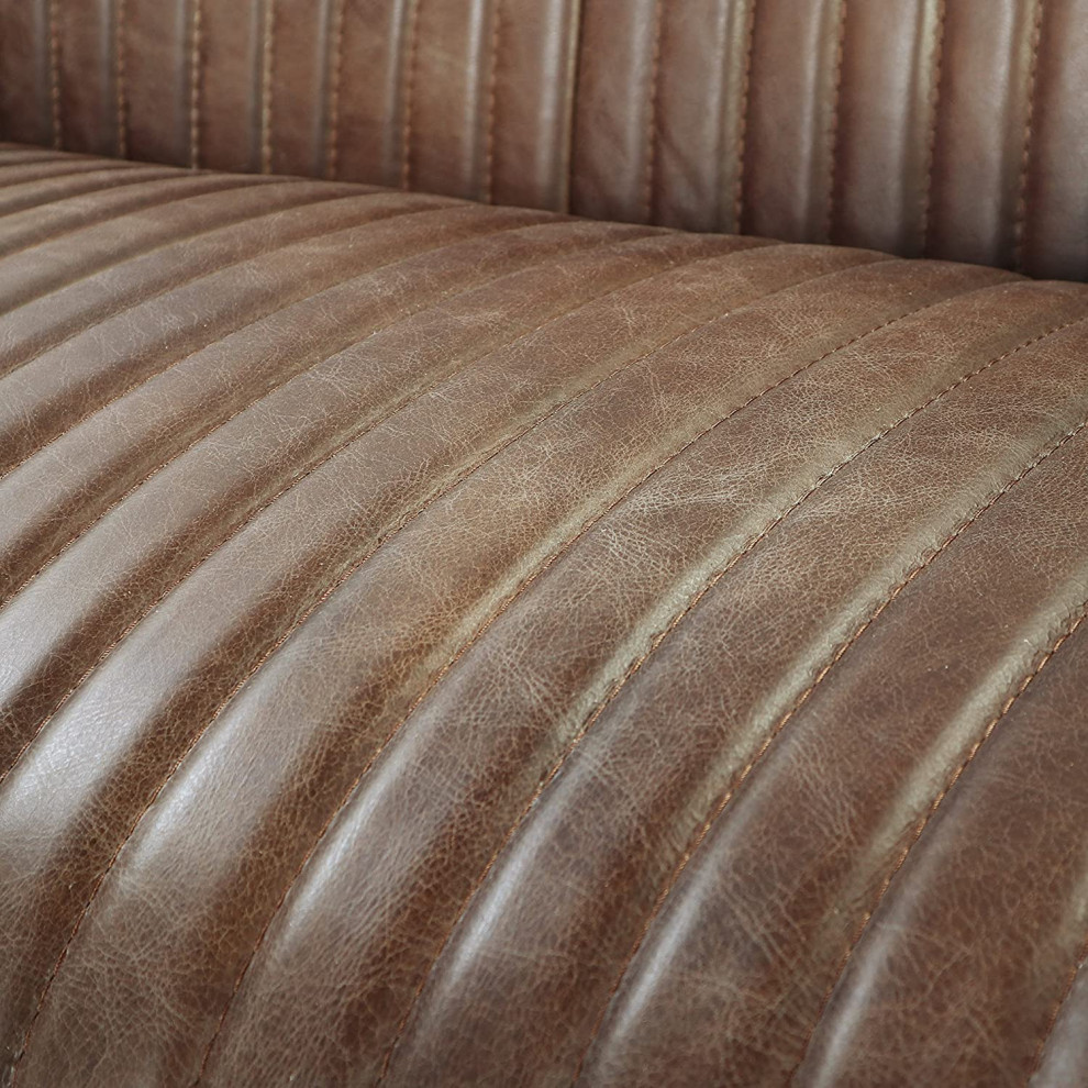 Retro Loveseat  Tufted Grain Leather Seat With Aluminum Exterior Accent  Brown   Industrial   Loveseats   by Decor Love  Houzz